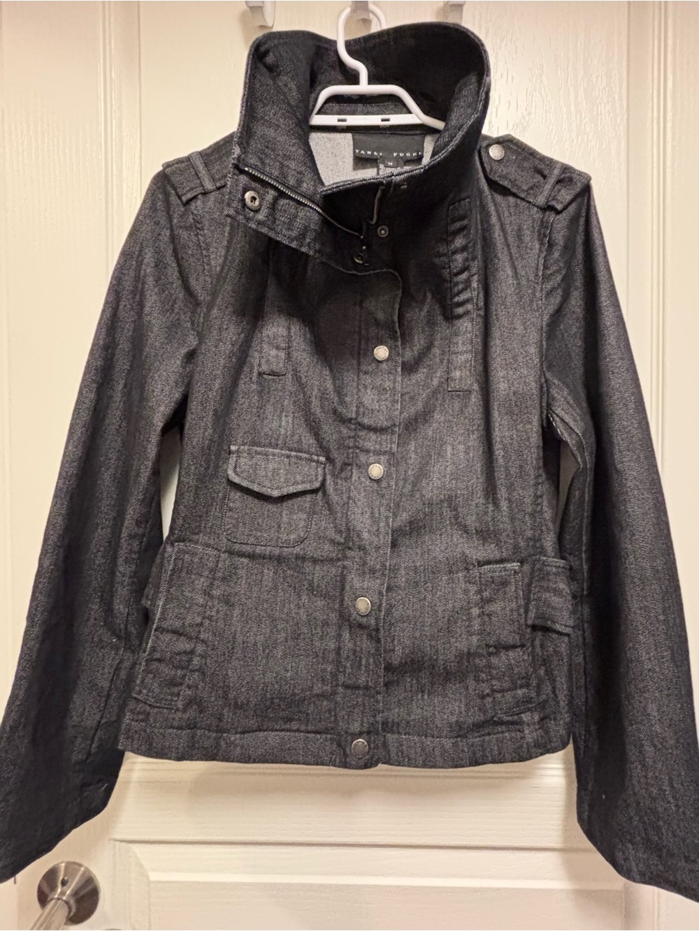 Yansi Fugel Charcoal Denim bomber jacket modern styling zippers snaps pockets M